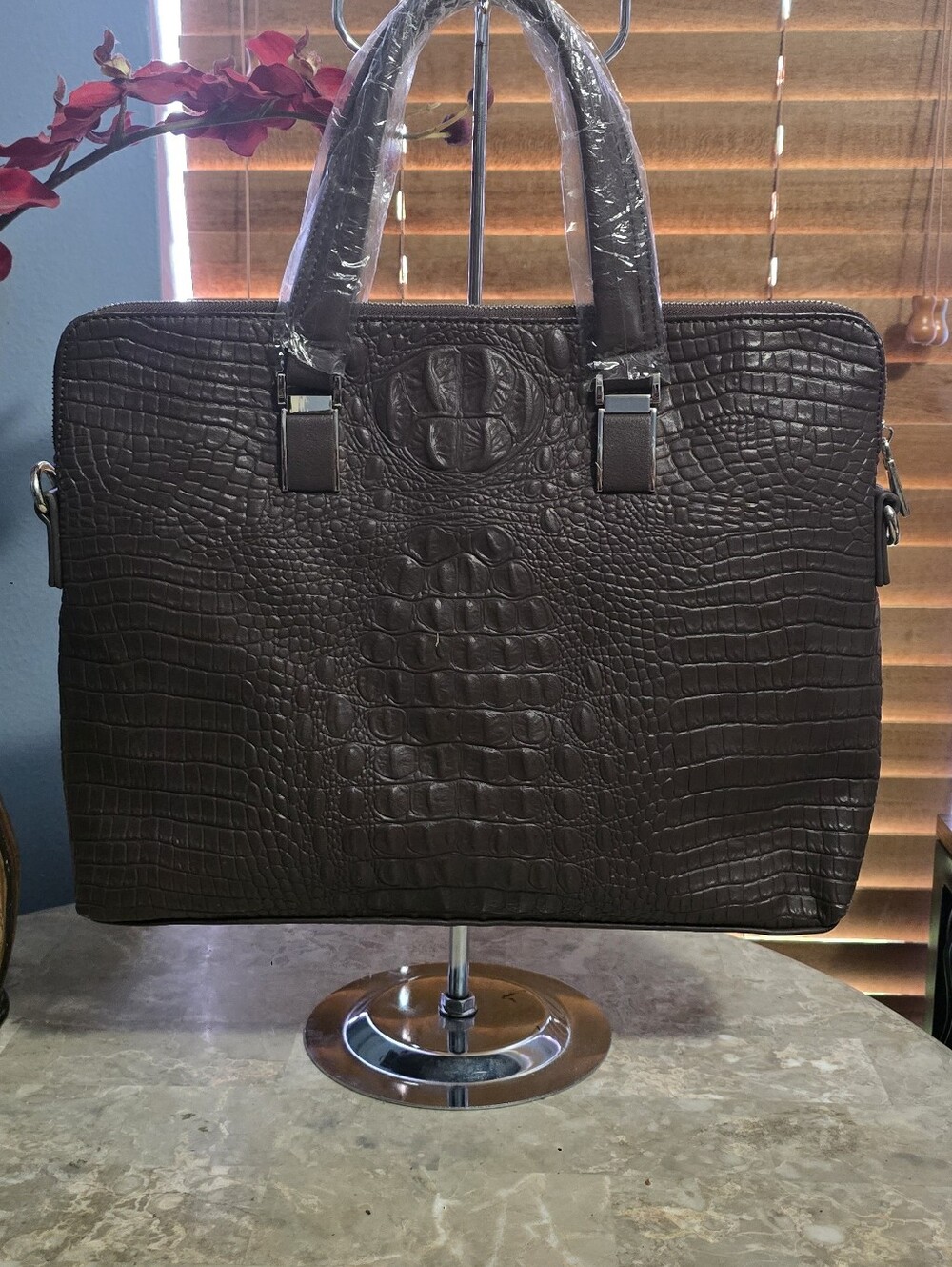 Baroque Royal Brown Vegan Leather Croc-Embossed Laptop Briefcase Bag - Picture 4 of 14